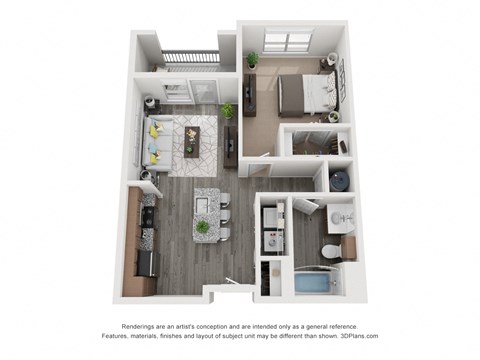 Floor plan for 1 bed, 1 bath, 688 sqft